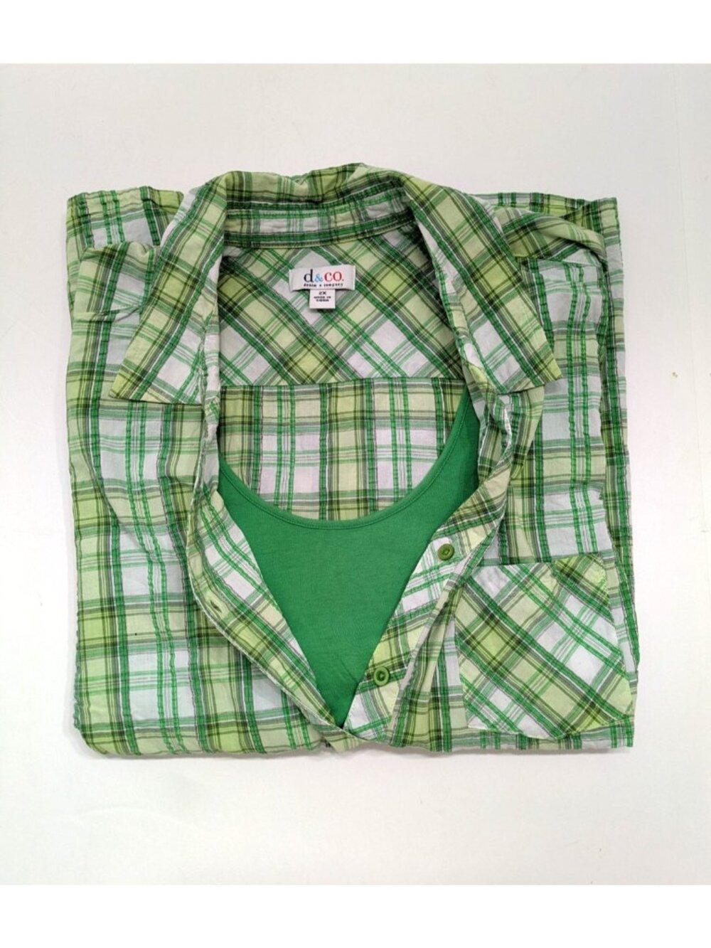 2 Pc Denim & Co Green Plaid Button Up Blouse and Tank Top Size 2X